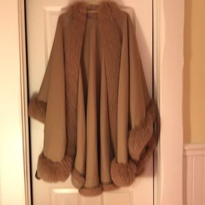 Fur cuffed cashmere cape
